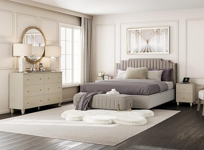 WAMPAT Dresser and Nightstands 3 Pieces, Wooden Dresser with 6 Drawers, Set of 2 Night Stands with Charging Stations, Bedroom Chest of Drawers and Wood Bedside Tables Set, Beige Linen Textured