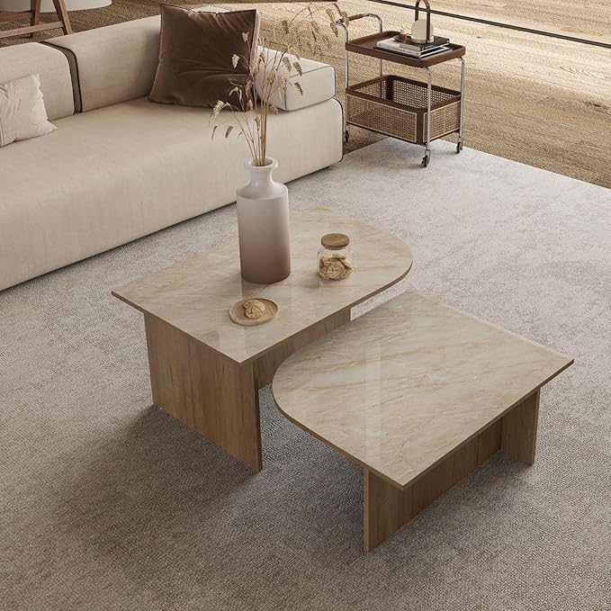 Set of 3 Nesting Coffee Tables, Modern Faux Marble Look Top Coffee Table Set with Wood Base, Versatile Stacking Accent Tables for Living Room, Small Spaces
