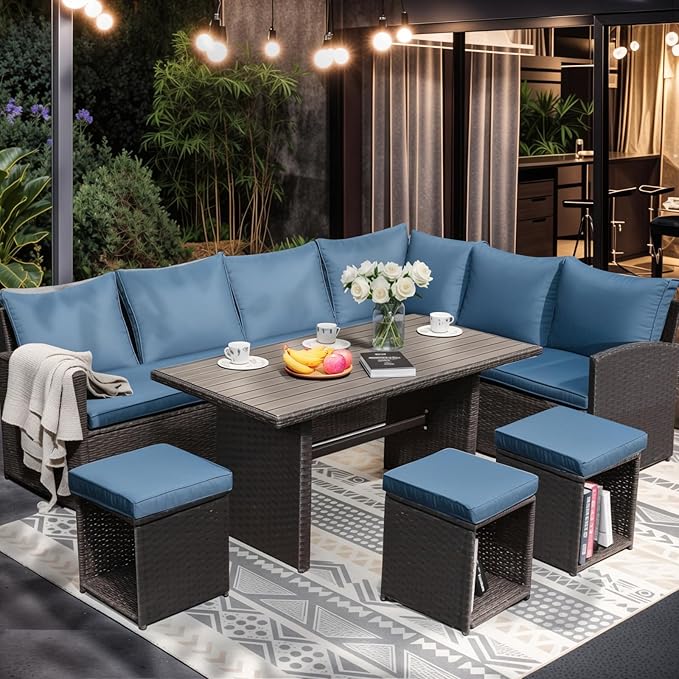 JOIVI Patio Furniture Set, 7 Piece Patio Dining Sofa Set, Outdoor Sectional Sofa Conversation Set All Weather Wicker Rattan Couch Dining Table & Chair with Ottoman, Aegean Blue
