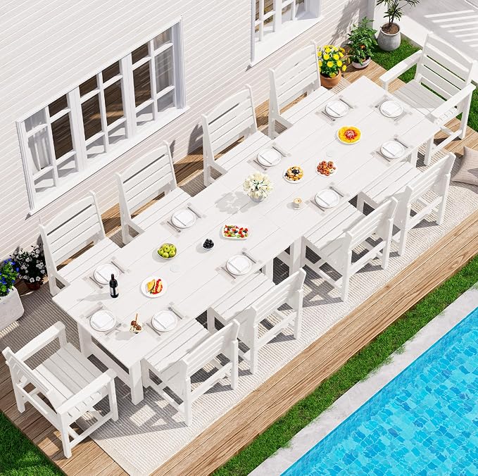 SERWALL Patio Dining Sets for 10 Person, HDPE Dining Set with 2 Tables, 8 Armless Chairs and 2 Armed Dining Chairs, White by SERWALL
