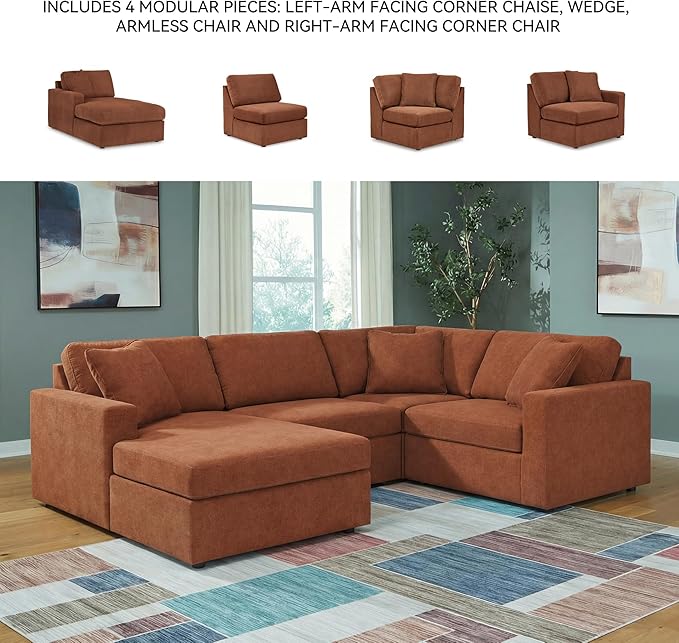 Signature Design by Ashley Casual Modmax Stain Resistant U-Shape Left-Arm Facing 4-Piece Sectional with Chaise and Reversible Cushion, Orange