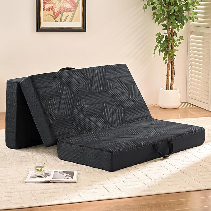 Trifold Mattress, 6 Inch Memory Foam Tri-Fold Mattress Queen Size, Foldable Mattress with Washable Cover, Handles and Non-Slip Bottom for Yoga, Living Room, Camping, 78"x 58" x 6", Black