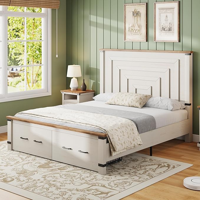 AMERLIFE 5-Piece Farmhouse Bedroom Set, Rustic Wood Queen Bed Frame with 54" Tall Headboard, 6-Drawer Dresser Chest, 5-Drawer Tall Chest, Nightstands Set of 2 with Charging Station, White