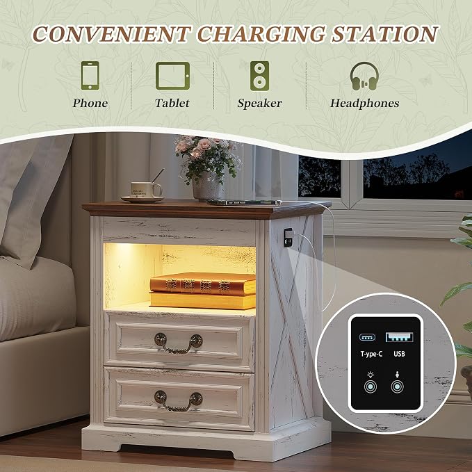 Dystler Night Stand with Gun Drawer, Bedside Table with LED Light & Human Sensor, Nightstand Gun Safe with 2 Drawers for Bedroom, Farmhouse End Table with Charger Station, Antique White - Image 5