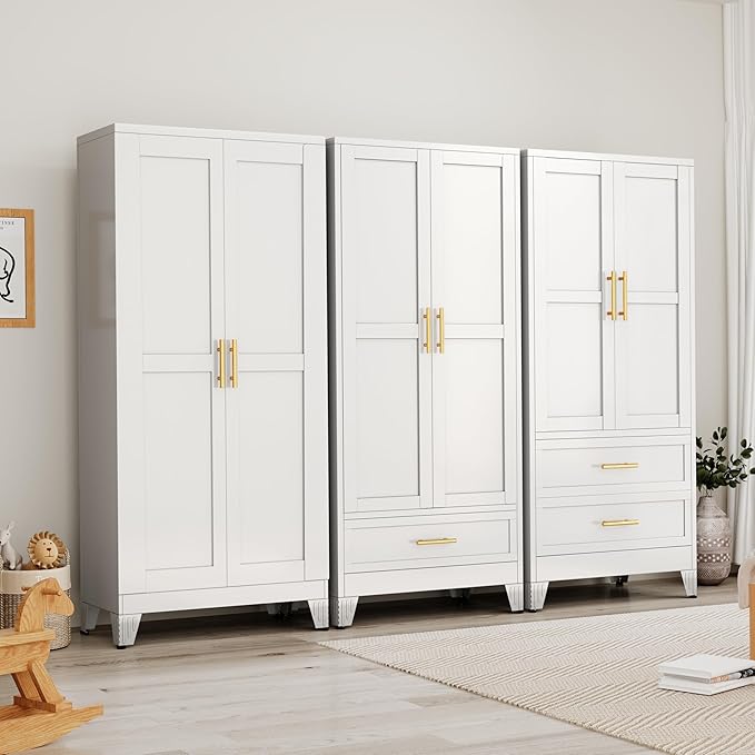 Ckzbx 71" H Metal Armoire Wardrobe Closet with Drawer, Adjustable Shelf, Clothes Drying Pole, Clothes Storage Closet for Bedroom (White)
