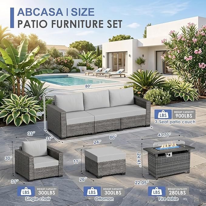 ABCASA 8-Piece Patio Furniture Set with Fire Pit Table | Indoor Comfort for Outdoor Living | Weather-Resistant Wicker & Ultra-Thick Cushions | Grey Patio Conversation Set for Deck, Porch, Poolside