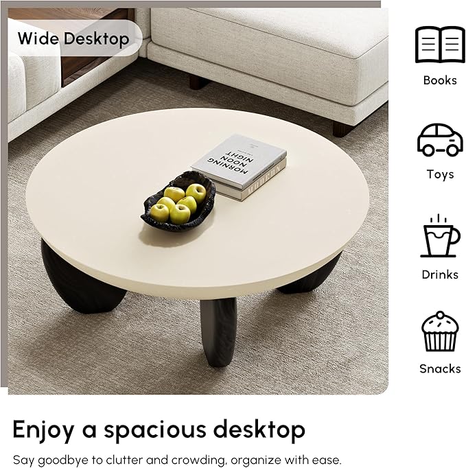 homary Round Concrete Coffee Table with Premium Walnut Ash Wood Legs, Modern Minimalist Cement Finish Center Table for Living Room (Black, 29.9" W x 29.9" D x 14.4" H)