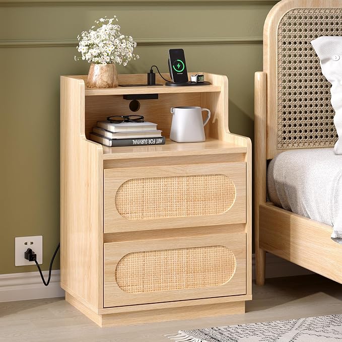 VINGLI Rattan Nightstand with Charging Station, Boho Nightstand with Drawers and Shelves, Wood Night Stand Bedroom, Real Rattan Bed Side Table/End Table，17.72" W*13.86" D*25.6" H - Image 8