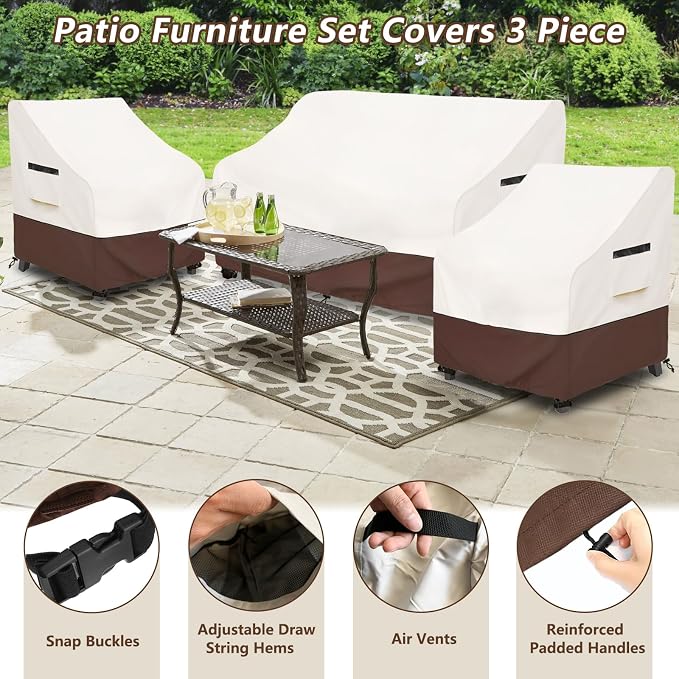 Patio Furniture Covers,3 Piece Heavy Duty Waterproof Outdoor Furniture Cover,Outdoor Furniture Covers for Patio Furniture,Includes 2 Patio chair covers 30in and 1 Patio loveseat cover 58in,Beige - Image 4
