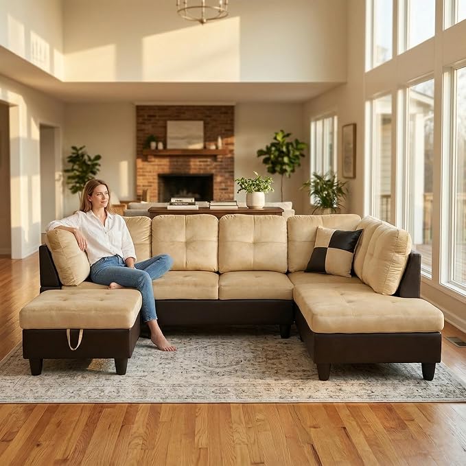 NicBex Modular L-Shaped Sectional Couches, 3-Piece Convertible Couch with Storage Ottoman, 4-Seat Comfy Sofa with Chaise for Living Room & Apartment, Beige + Brown