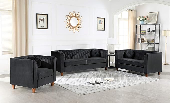 Arvilla Velvet Chair with Bolster Pillows, Soft Upholstery, Mid Century Modern Design, Chesterfield-Inspired Accent Armchair for Living Rooms, Midnight