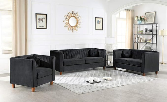 Arvilla 3 Piece Velvet Sofa Set with Bolster Pillows, Mid Century Modern Design, Chesterfield-Inspired Couch, Loveseat and Chair for Living Rooms, Midnight
