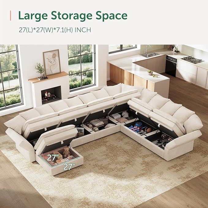 HONBAY Modular Sectional Sofa with Ottoman, 7 Seat U Shaped Couch with Storage & Pillows, 137 Inch Oversized Sectional Sofa for Living Room, Beige