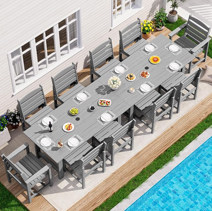 SERWALL Patio Dining Sets for 10 Person, HDPE Dining Set with 2 Tables, 8 Armless Chairs and 2 Armed Dining Chairs, Light Gray by SERWALL
