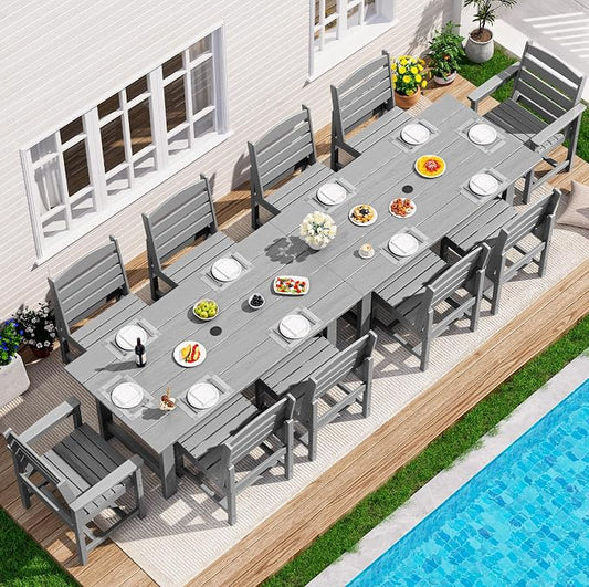 SERWALL Patio Dining Sets for 10 Person, HDPE Dining Set with 2 Tables, 8 Armless Chairs and 2 Armed Dining Chairs, Light Gray by SERWALL
