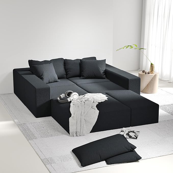 KEIKI Sectional Sofa Couch Set, Modular 132" L Shaped Couch Set with 6 Pillows, Free Combination Upholstered Sofa Couch for Living Room, Bedroom, Black