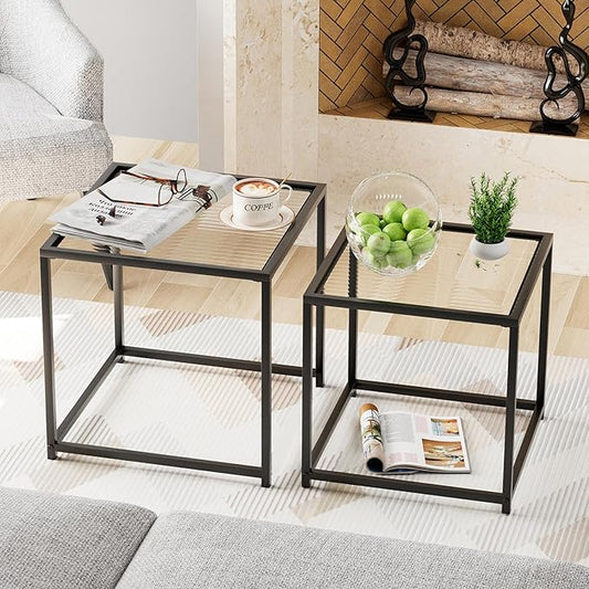Garden 4 you Coffee Table Set of 2, Modern Patterned Glass Nesting Table, Metal Frame Square Center Table Set, Side Tables, Nesting Coffee Table for Living Room, Bedroom and Small Spaces, 19.7in Black