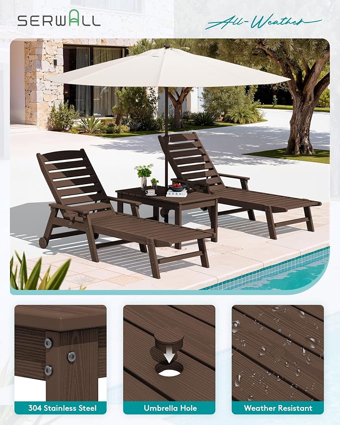 SERWALL Outdoor Coffee Table with 9FT Umbrella, HDPE Patio Coffee Table for Outside, Rectangle, Coffee(Not Include Umbrella Base) - Image 7