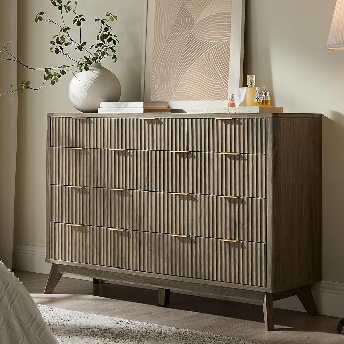 T4TREAM Fluted 9 Drawer Dresser, Modern Chest of Drawers, Curved Profile Design, Dresser TV Stand, Wood Drawer Organizer for Bedroom, Living Room, Hallway, Grey Alder by T4TREAMFurniture