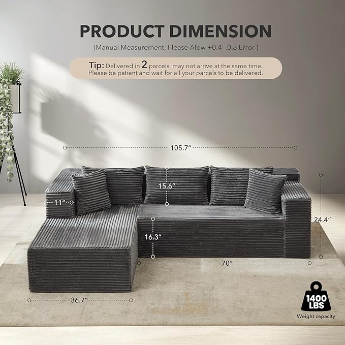 106” Modular Sectional Sofa, Cloud Sectional Couch with Deep Seat, Modern Modular L-Shape Sofa Couch with Chaise,Upholstered Couches for Living Room Bedroom（Grey）