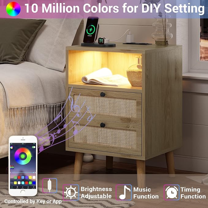 AOGLLATI Rattan Nightstand with Charging Station, LED Night Stand for Bedroom, Wood End Table with USB Ports, Boho Bedside Table with 2 Drawers, Natural - Image 3