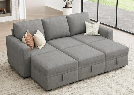 HONBAY Modular Sectional Sleeper Sofa Bed, Pull Out Couch with Storage Ottoman, U Shaped Sectional Couches for Living Room, Warm Grey