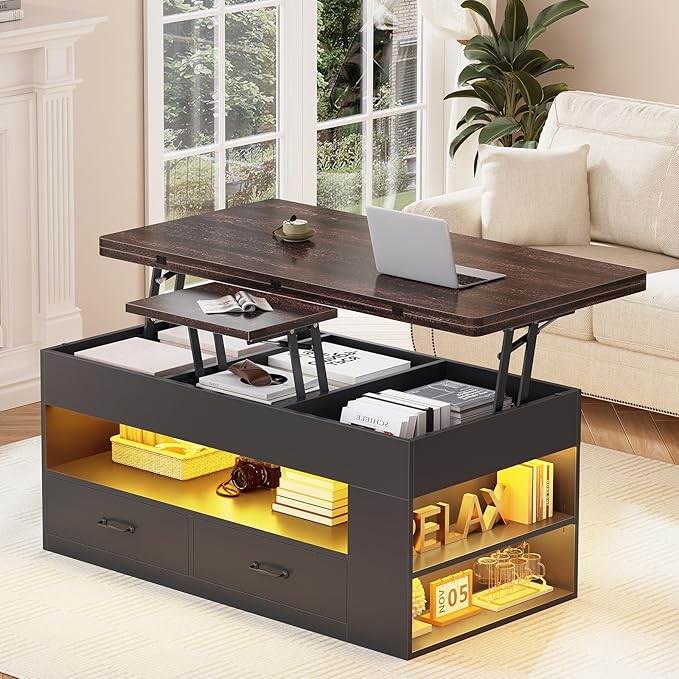 Itaar Lift Top Coffee Table, 4 in 1 Coffee Tables with Storage and Hidden Compartment, Farmhouse Coffee Table with 2 Fabric Drawers & LED Light for Living Room, Black
