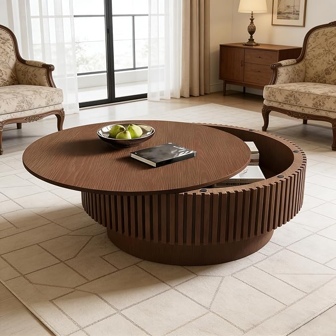 Round Coffee Table with Storage, Modern Fluted Wood Coffee Tables with Sturdy Base, 31.5" Drum Circle Center Tea Table for Living Room Apartment, Easy Assemble - Walnut