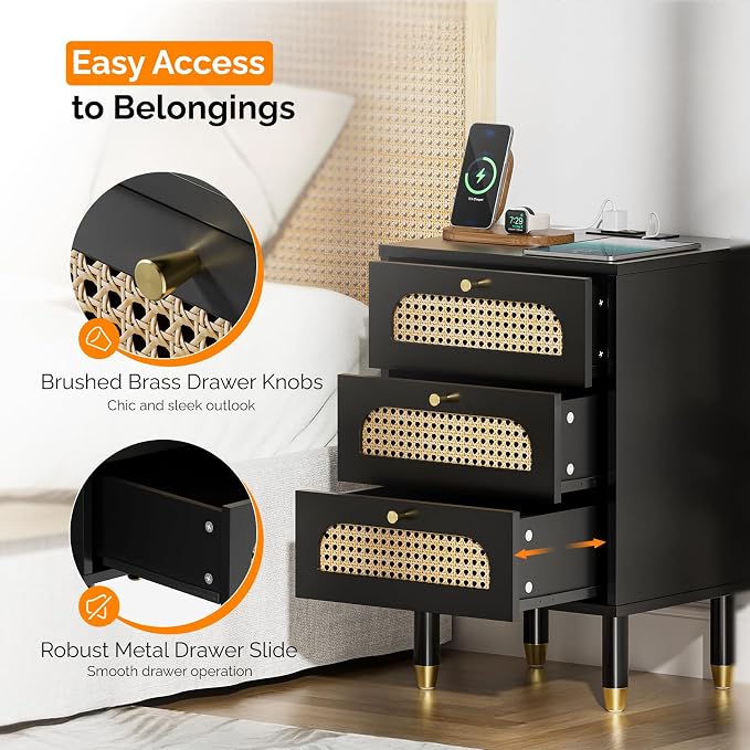VINGLI Rattan Nightstand with Charging Station, Nightstands Set of 2, 3 Drawer Night Stand for Bedroom, Wood Bed Side Table, Boho Endtable with Drawers, Black - Image 5
