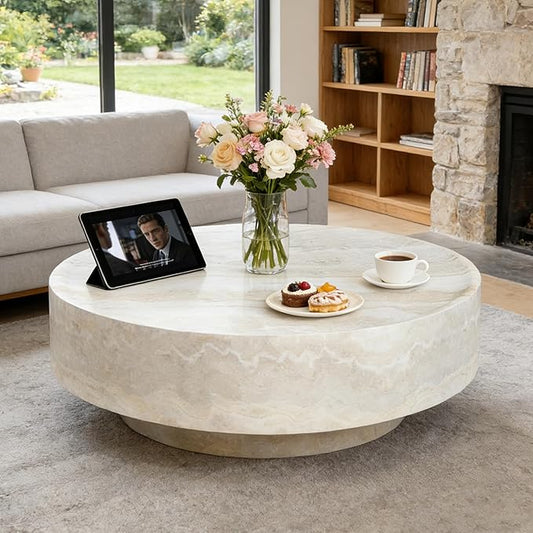 35.43" Round Coffee Table with Cylindrical Legs in Faux Marble,Stylish and Modern Fiberglass Drum Table, Modern Table for Living Room, Office, or Balcony.(Mars,ø35.43" x 11.81")