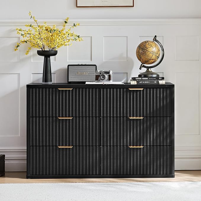 LEYAOYAO Fluted 6 Drawers Dresser Set of 2, 48" Wide Modern Chest of Drawers with Woodgrain Top, Curved Profile Design, Dresser TV Stand, Wooden Drawer Organizer for Bedroom, Living Room,Black - Image 5