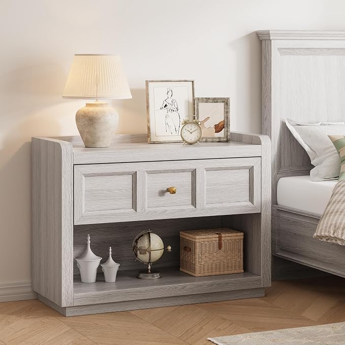 Fynar 31" Nightstands with Drawer Storage, Oversized King Size Night Stand Bedside Table, Farmhouse End Table with Round Corners for Bedroom Sofa Couch Home Office, Grey White Oak by Fynar