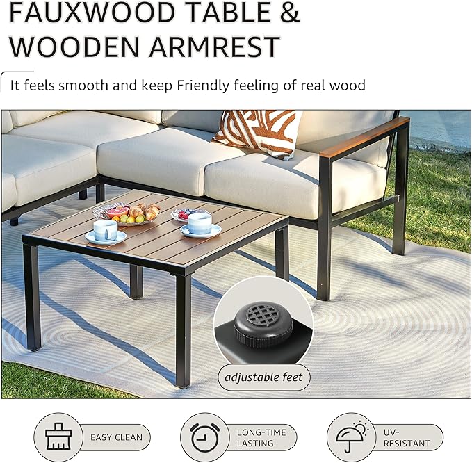 NATURAL EXPRESSIONS 6 Pieces Patio Furniture Set, Outdoor Couch with Thick Olefin Cushions, Fauxwood Armrest and Tabletop, Ergonomic Design Highback, Sectional Outdoor Furniture for Backyard, Deck