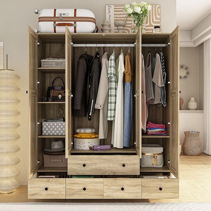 MOUMON 4 Rattan Door Wardrobe with Shelves and Drawers, Armoire Wardrobe with 2 Clothing Rods, Closet for Bedroom Oak 19“D x 59”W x 70.9”H