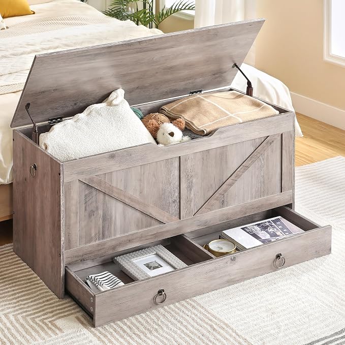 HOOBRO Storage Chest, 39.3" Toy Chest with Drawer, Wooden Storage Bench, Sturdy Entryway Bench Supports 220 lb, Safety Hinge, U-Shaped Opening, Easy Assembly, Greige BG710CW01G1 - Image 2
