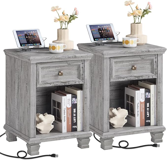 SAVOR LIFE Farmhouse End Tables Living Room Set of 2, Rustic Wood Nightstand with 1 Drawer, Bedside Table with Open Shelf for Bed Room, Side Table for Living Room, Grey by SAVORLIFEFurniture