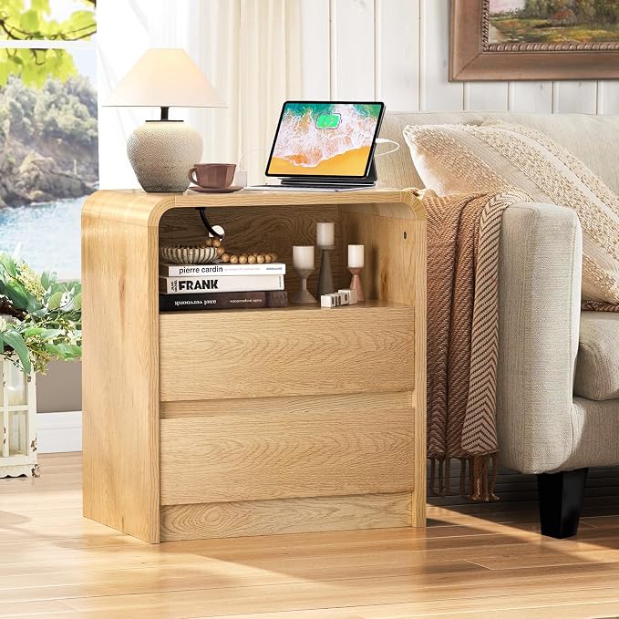 Modern Night Stand with Charging Station, 25" Tall Wood Nightstand Bedside Table with 3 Drawers & USB Ports, Mid-Century End Table for Bedroom (2, Nature Smooth, 2 Drawers) - Image 3