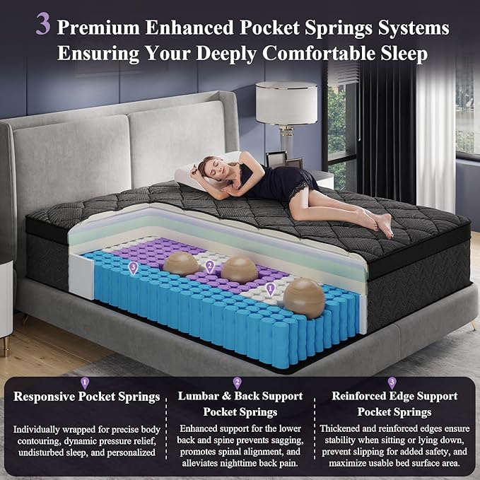 King Size Mattress, 12 Inch Luxury Hybrid King Mattress in a Box, Medium Firm Mattresses with Cooling Gel Memory Foam & Pocket Springs, Double Additional Support, 365-Night Trial