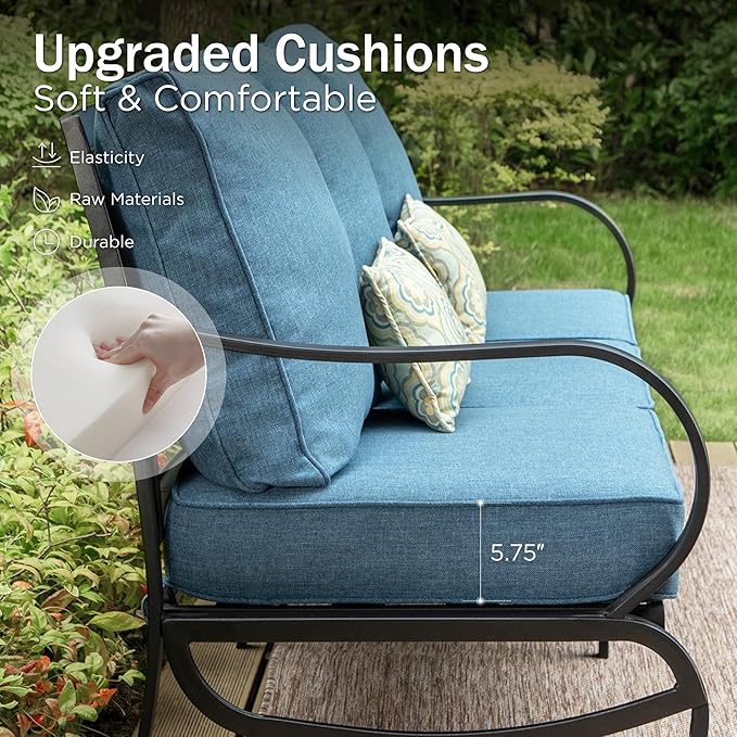 PHI VILLA 6 Piece Patio Furniture Sets with 1 x 3-Seat Wide Deep Seating Bench, 2 x Swivel Cushioned Sofa Chairs, 2 x Leg Sofa and 1 x Coffee Table, Outdoor Metal Furniture Set for 7 Person,Navy Blue