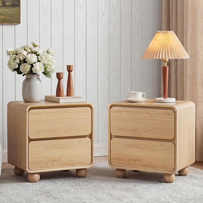 Small Night Stand Set of 2, Mid Century Modern Nightstands with 2 Drawers and Solid Wood Legs, 2 Drawer Dresser Curved Profile Design End Table Side Table for Small Space, Dorm, Bedroom(Natural) by AVZEAR