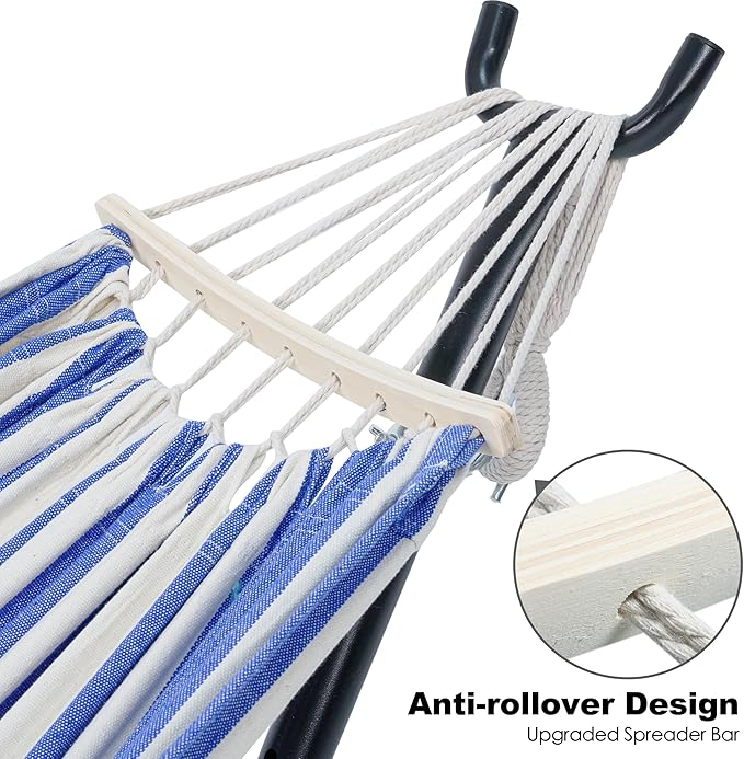 GAFETE Double Hammock with Stand for Outside, Upgraded Spreader Bar, Heavy Duty Space Saving Steel Stand 2 Person, Convenient Pockets, 600lbs Weight Capacity, Indoor & Outdoor (Blue & White) - Image 2