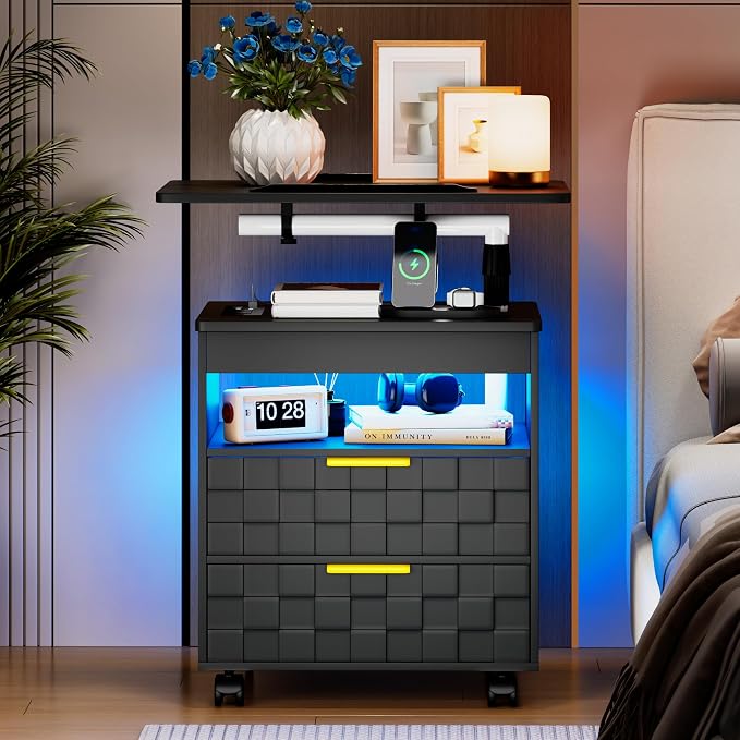 Lareth Height Adjustable Nightstand with Charging Station, LED Bedside Table 2 Drawers, Smart Wooden End Table Dorm Rolling Side Table Laptop Workstaion with Wheels for Bedroom, Black - Image 8