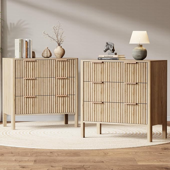 MODNEST 32" Fluted Nightstands Set of 2, Bed Side Tables with Drawers for Bedroom Mid Century Modern Night Stand Wood Nightstand Large End Table Bedroom Set, Oak by MODNEST