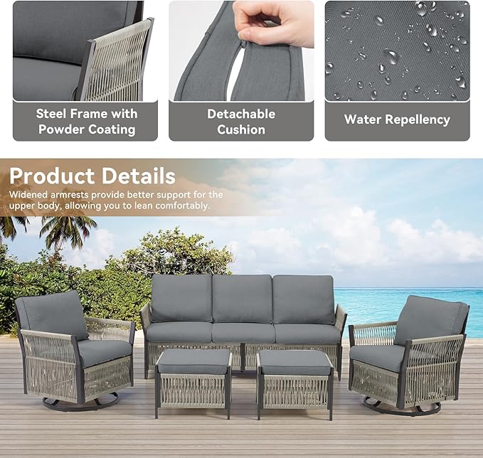 3 Piece Wicker Outdoor Couch, All Weather Rattan 3 Seater Wicker Outdoor Sofa with Ottomans, High Back Deep Seating Patio Conversation Set for Garden Deck Porch (Grey)