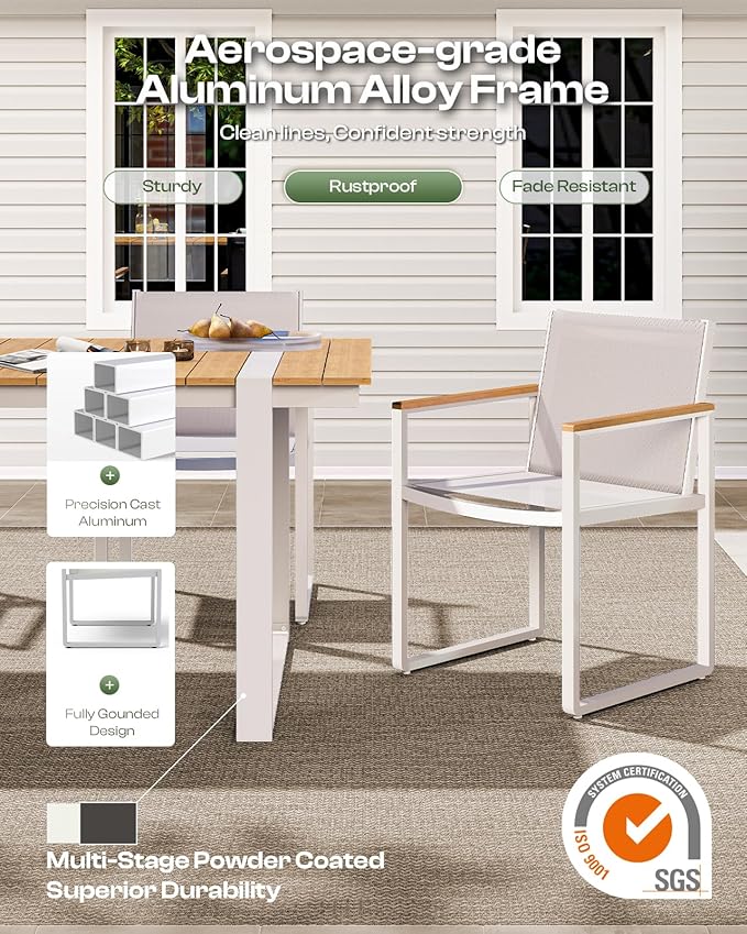 Outdoor Table and Chairs of 4, Patio Dining Sets, HDPS + Aluminum Outdoor Furniture Set with Umbrella Hole, Patio Dining Table Set (White-Teak) - Image 4