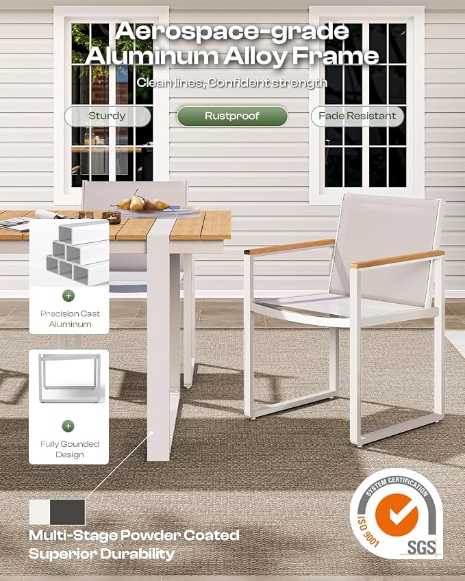 Outdoor Dining Set, HDPS + Aluminum Patio Table and Chairs Set with U-Shaped Base, 7 Piece Outdoor Furniture Set with Umbrella Hole, Patio Dining Table Set for Garden, Backyard (White-Teak) - Image 4