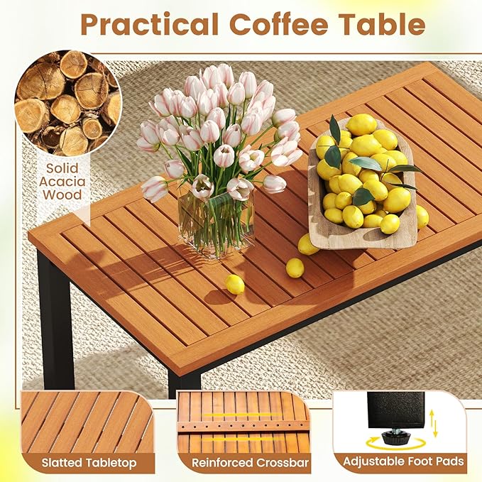 Tangkula 8 Pieces Patio Furniture Set, Outdoor Conversation Set with Acacia Wood Coffee Table, Cushioned Loveseat & 2 Single Armrest Chairs, for Porch, Garden, Backyard, Poolside