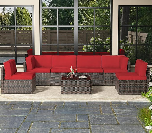 AECOJOY 7 Piece Outdoor Patio Furniture Set, Outdoor Sectional Conversation Furniture Chair with Coffee Table,Patio Sectional for Garden,Backyard(Red Cushions and Brown PE Rattan)