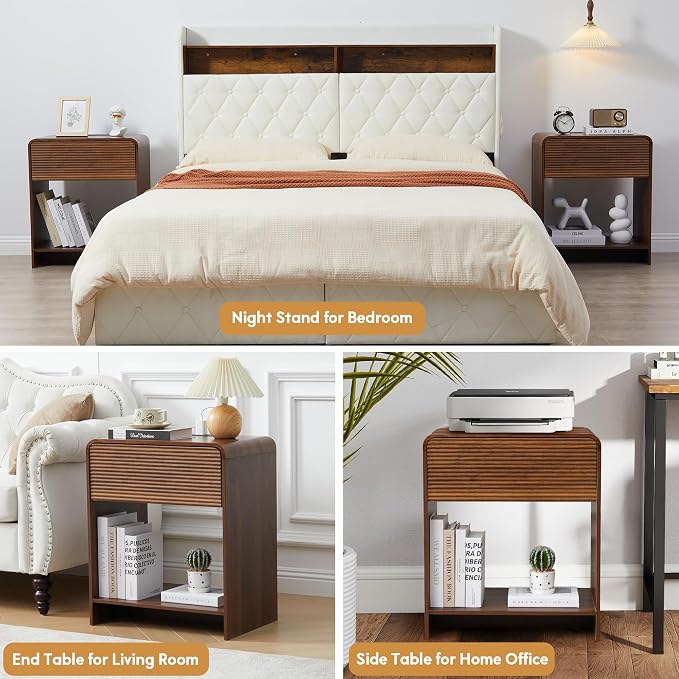 XUZENEST Fluted Nightstand Set of 2 with Charging Station, Modern Bed Side Table End Table with Drawer Storage, Large Wooden Night Stands Bedside for Bedroom Living Room Sofa Office, Walnut 2 Sets - Image 8