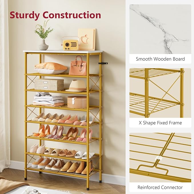 Tajsoon 8 Tier Shoe Rack Organizer for 28-32 Pairs of Shoes, Metal Mesh Shoe Shelf for Closet, Industrial Shoe Rack for Entryway Shoe Storage with X Shape Fixed Frame, White & Gold - Image 6